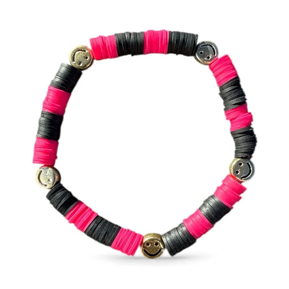 Handmade Pink and Black Heishi Bracelet Y2K Stackable‎ Preppy 90s Surfer Beachy